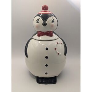 Johanna Parker Carnival‎ Cottage Penguin Christmas Cookie Jar Canister Snug Lid